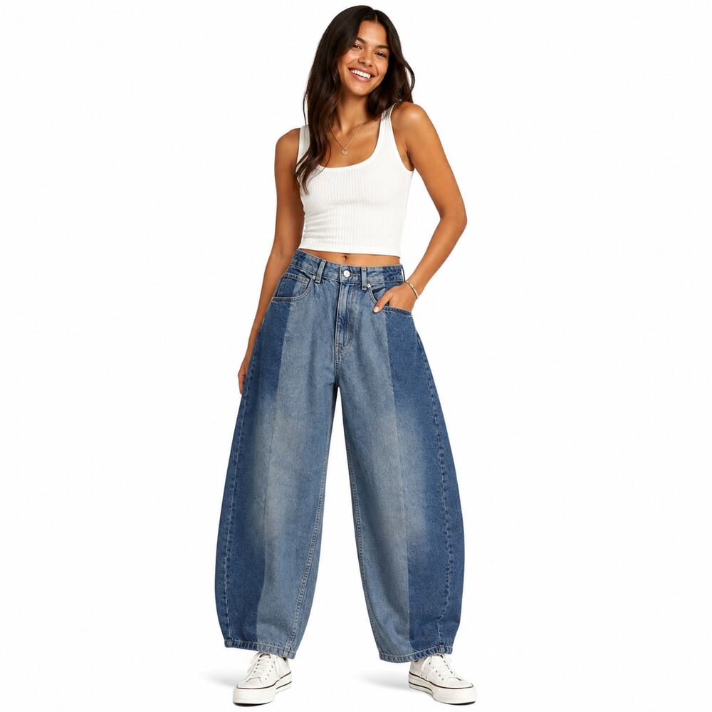 Womens Barrel Jeans Sz 4 Two Tone Blue High Waist Wide Leg Y2K Retro Denim Asos